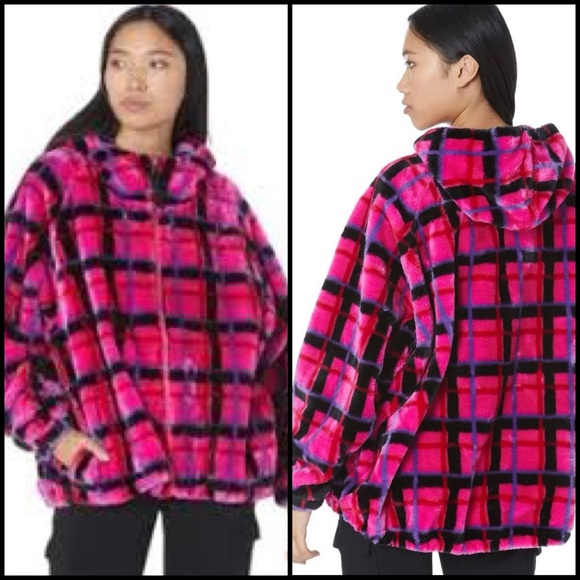 Sold UGG Australia Soft Bold Pink Plaid Faux Fur Hooded Jacket Size XXS/XS - Picture 1 of 16